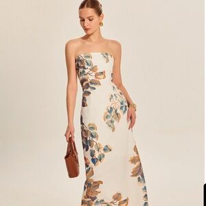 Sold Out Commense Strapless Dress - Cream and Blue Leaf Print NWOT